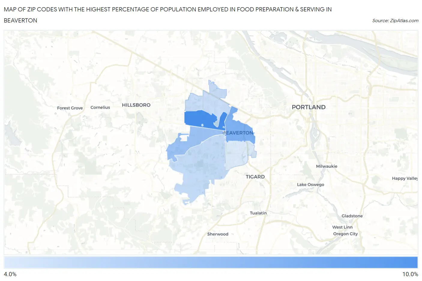 Zip Codes with the Highest Percentage of Population Employed in Food Preparation & Serving in Beaverton Map