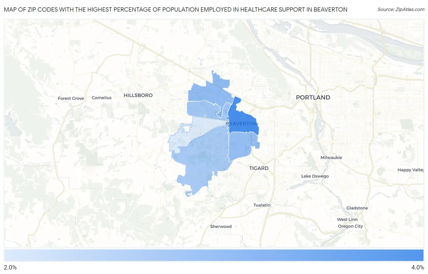 Zip Codes with the Highest Percentage of Population Employed in Healthcare Support in Beaverton Map