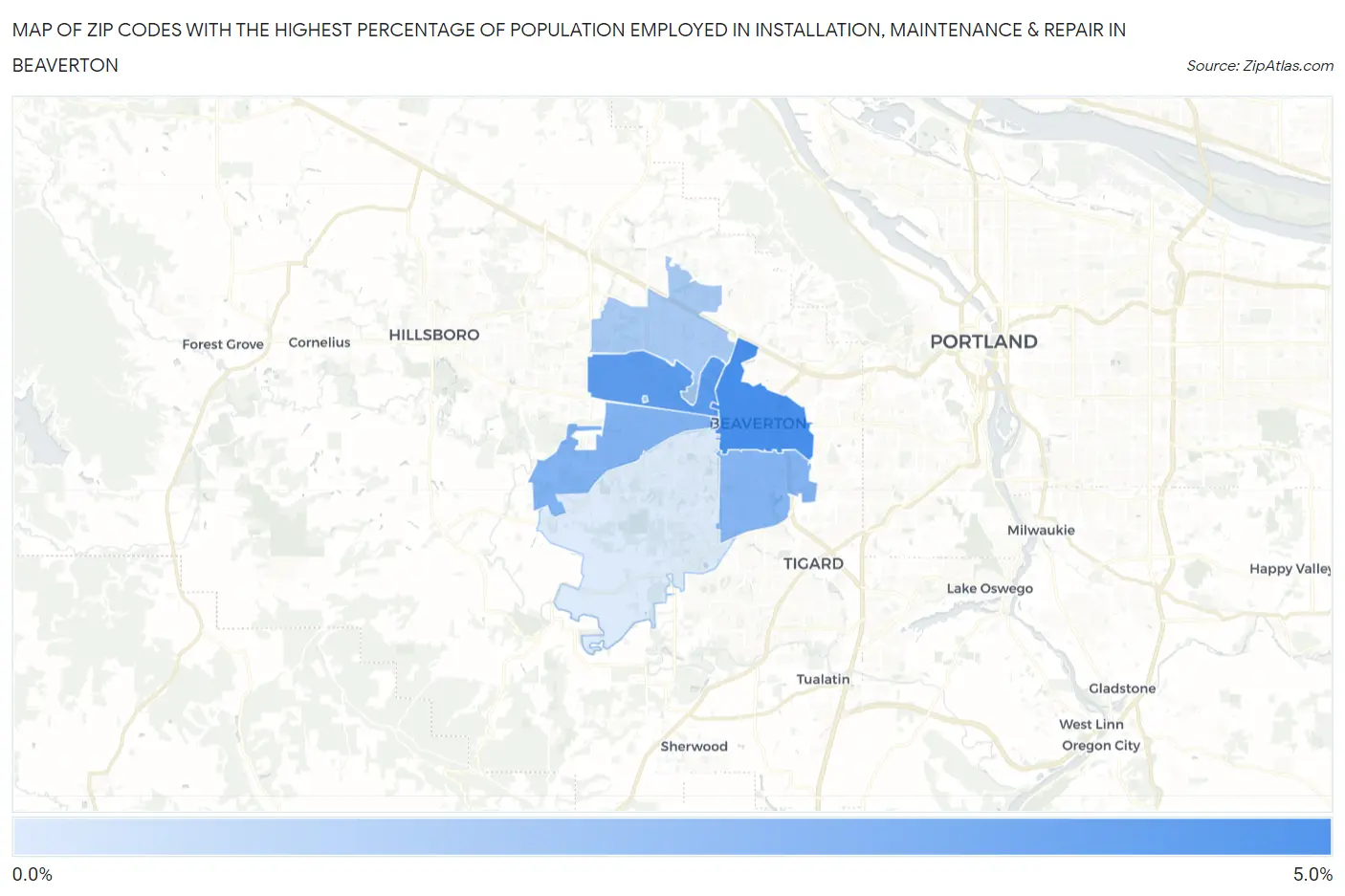 Zip Codes with the Highest Percentage of Population Employed in Installation, Maintenance & Repair in Beaverton Map