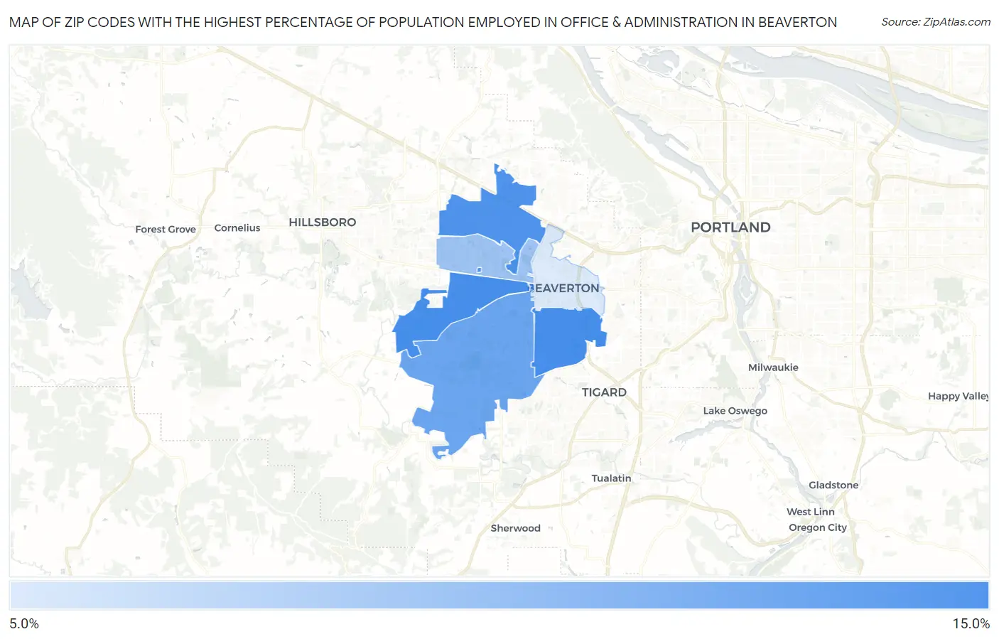 Zip Codes with the Highest Percentage of Population Employed in Office & Administration in Beaverton Map