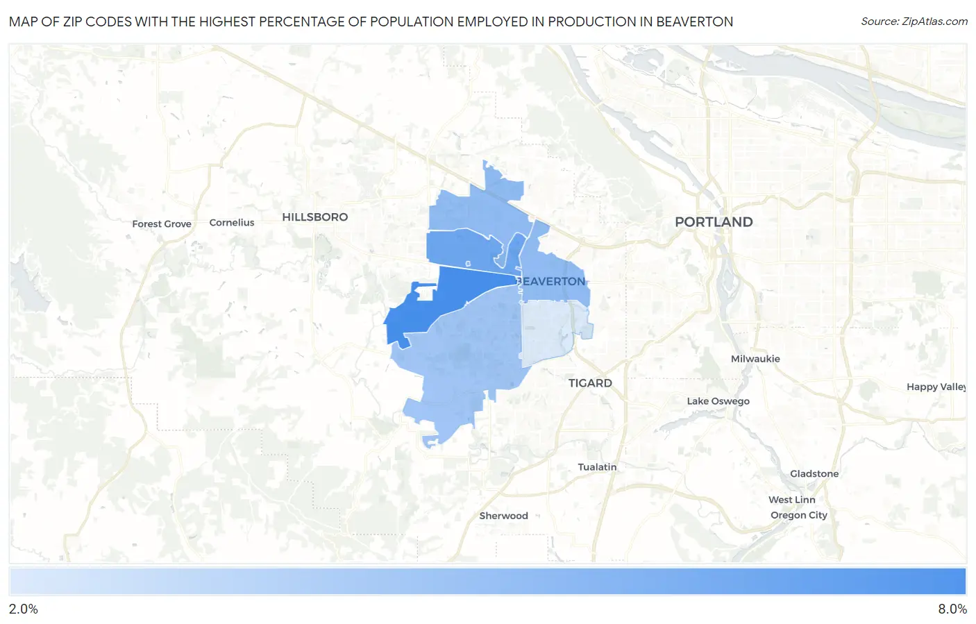 Zip Codes with the Highest Percentage of Population Employed in Production in Beaverton Map