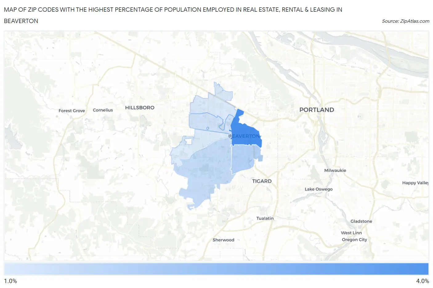 Zip Codes with the Highest Percentage of Population Employed in Real Estate, Rental & Leasing in Beaverton Map