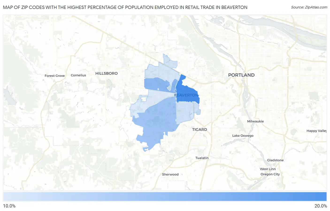 Zip Codes with the Highest Percentage of Population Employed in Retail Trade in Beaverton Map