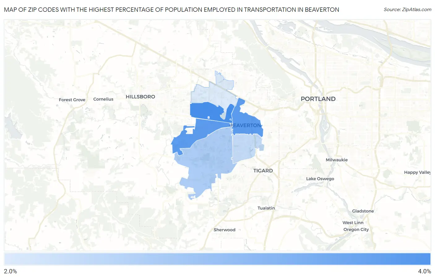 Zip Codes with the Highest Percentage of Population Employed in Transportation in Beaverton Map