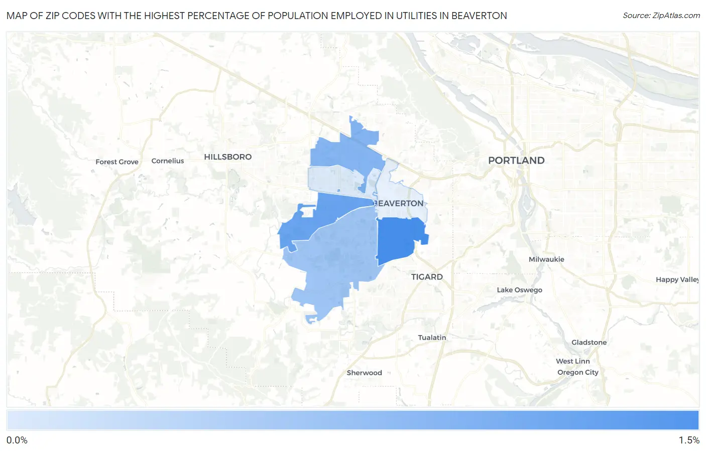 Zip Codes with the Highest Percentage of Population Employed in Utilities in Beaverton Map