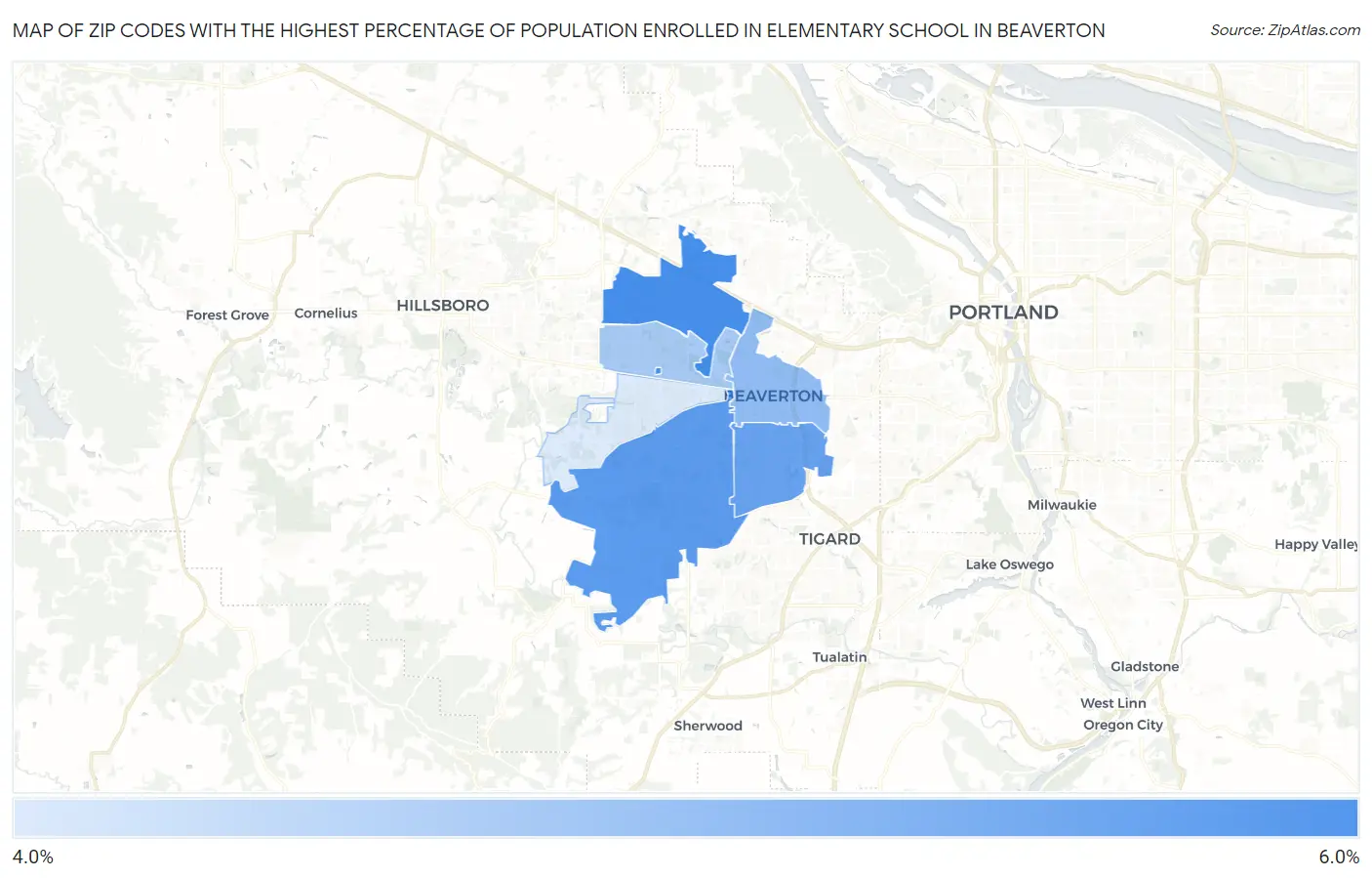 Zip Codes with the Highest Percentage of Population Enrolled in Elementary School in Beaverton Map