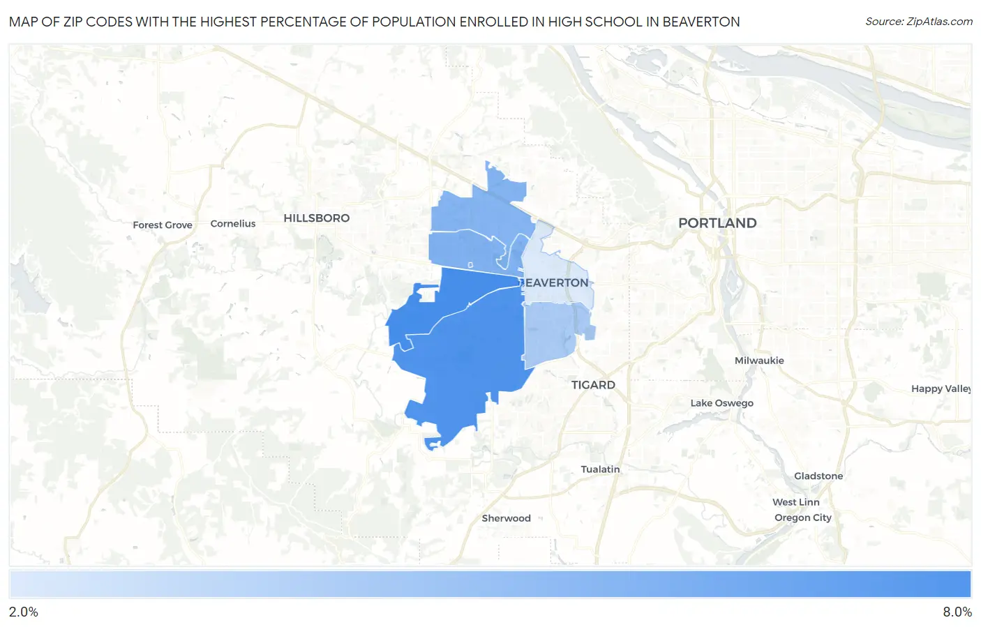 Zip Codes with the Highest Percentage of Population Enrolled in High School in Beaverton Map
