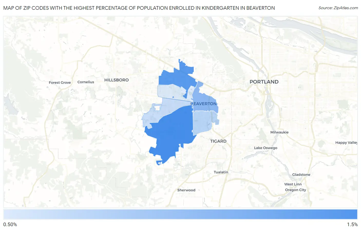 Zip Codes with the Highest Percentage of Population Enrolled in Kindergarten in Beaverton Map