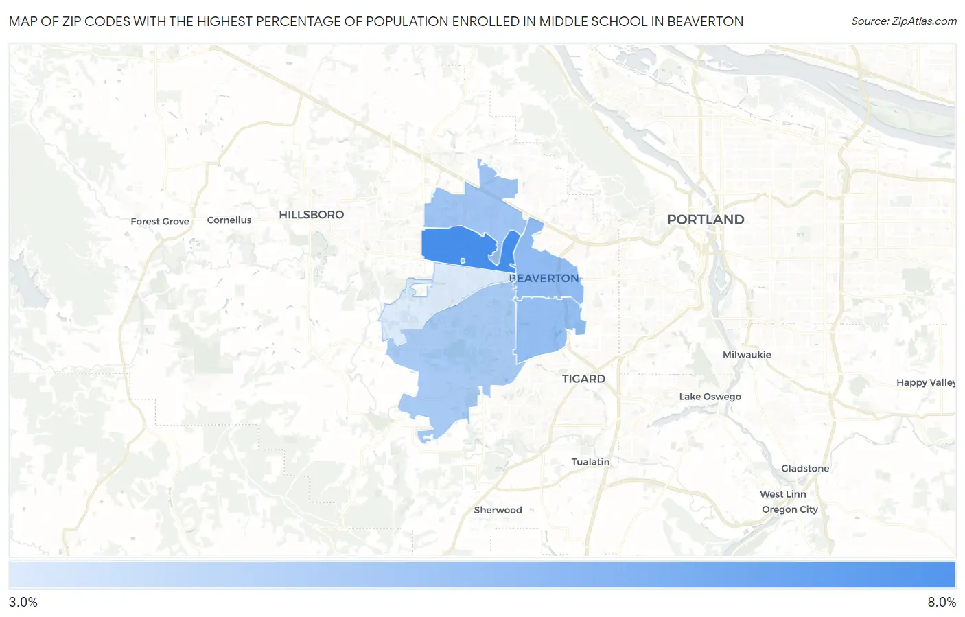 Zip Codes with the Highest Percentage of Population Enrolled in Middle School in Beaverton Map