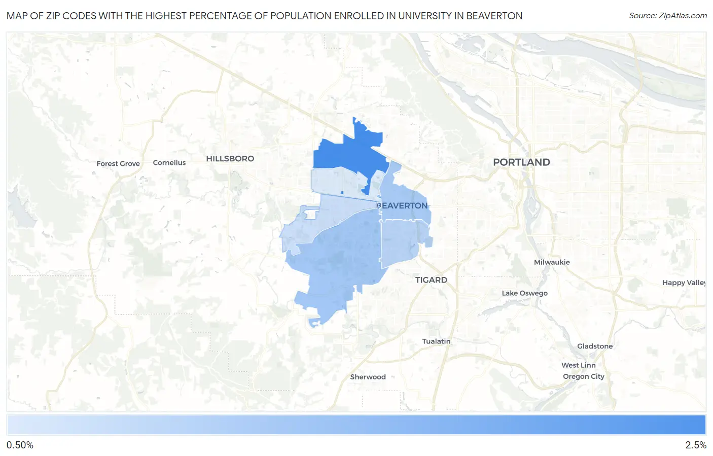 Zip Codes with the Highest Percentage of Population Enrolled in University in Beaverton Map