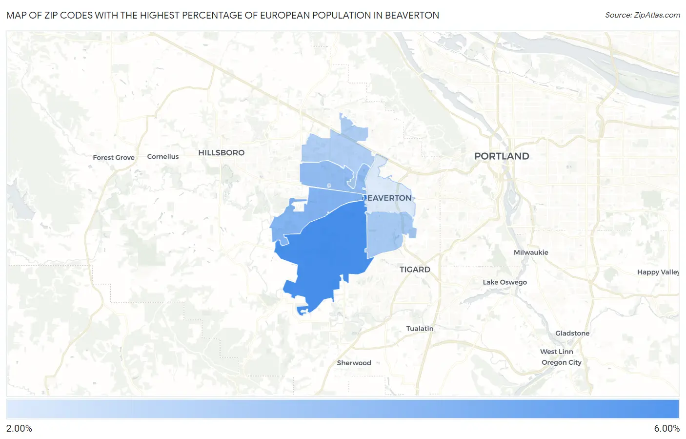 Zip Codes with the Highest Percentage of European Population in Beaverton Map