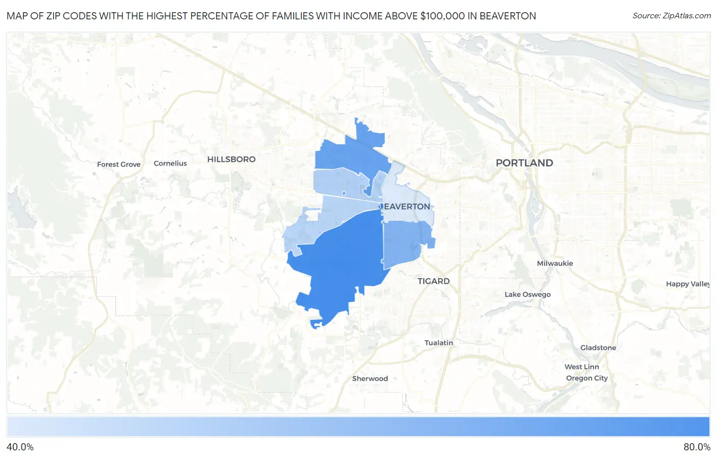 Zip Codes with the Highest Percentage of Families with Income Above $100,000 in Beaverton Map