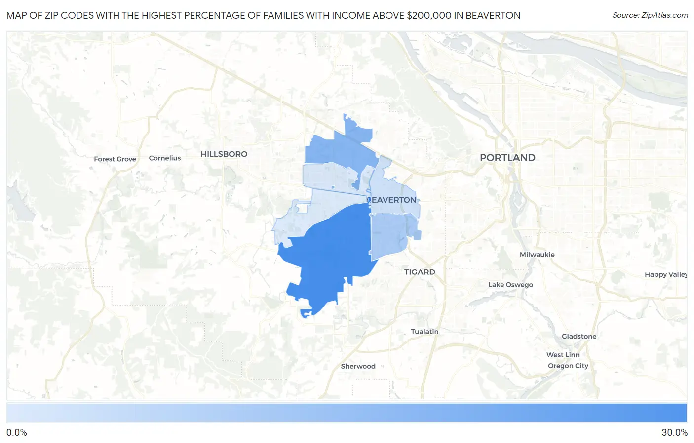 Zip Codes with the Highest Percentage of Families with Income Above $200,000 in Beaverton Map