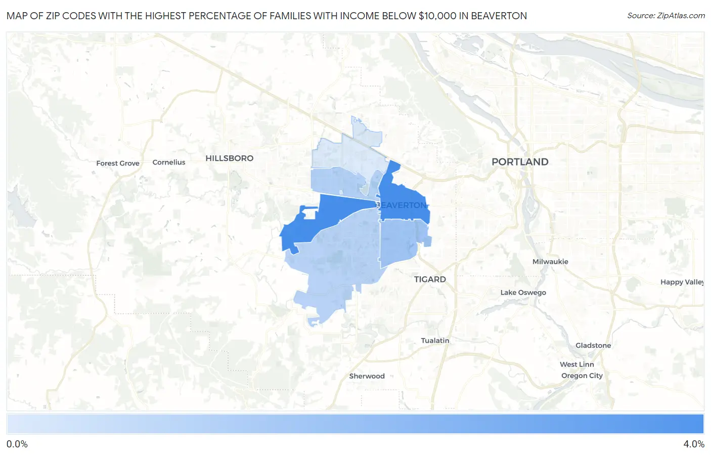 Zip Codes with the Highest Percentage of Families with Income Below $10,000 in Beaverton Map