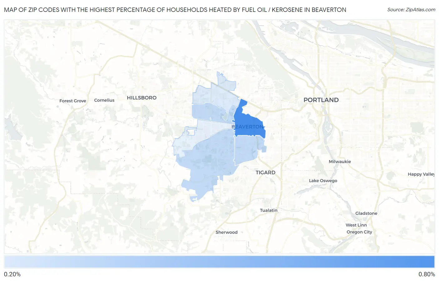 Zip Codes with the Highest Percentage of Households Heated by Fuel Oil / Kerosene in Beaverton Map