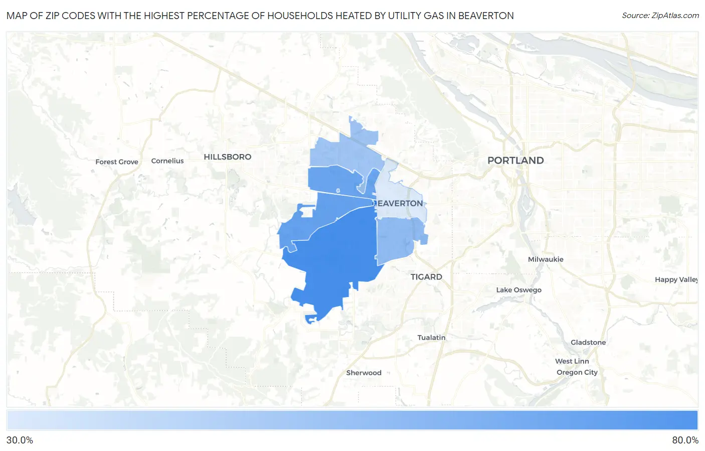 Zip Codes with the Highest Percentage of Households Heated by Utility Gas in Beaverton Map