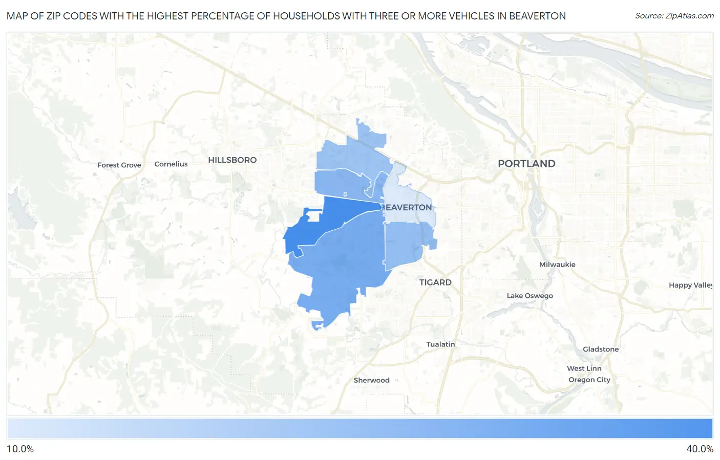 Zip Codes with the Highest Percentage of Households With Three or more Vehicles in Beaverton Map