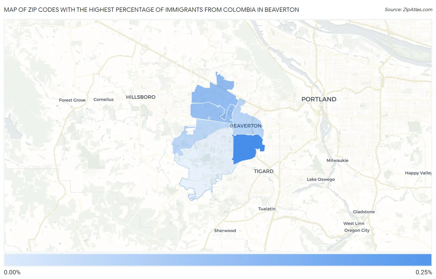 Zip Codes with the Highest Percentage of Immigrants from Colombia in Beaverton Map