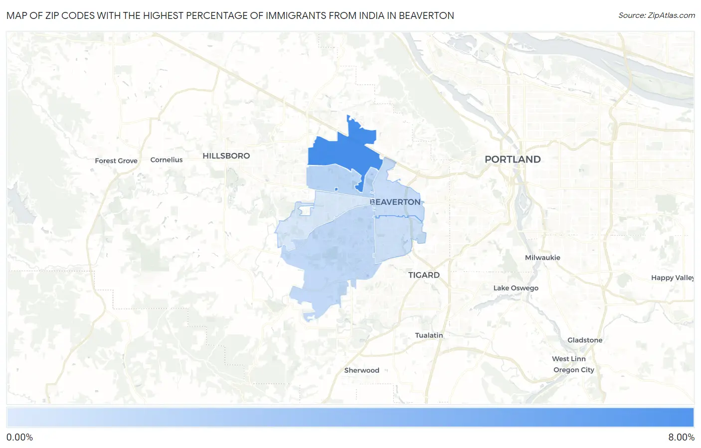 Zip Codes with the Highest Percentage of Immigrants from India in Beaverton Map