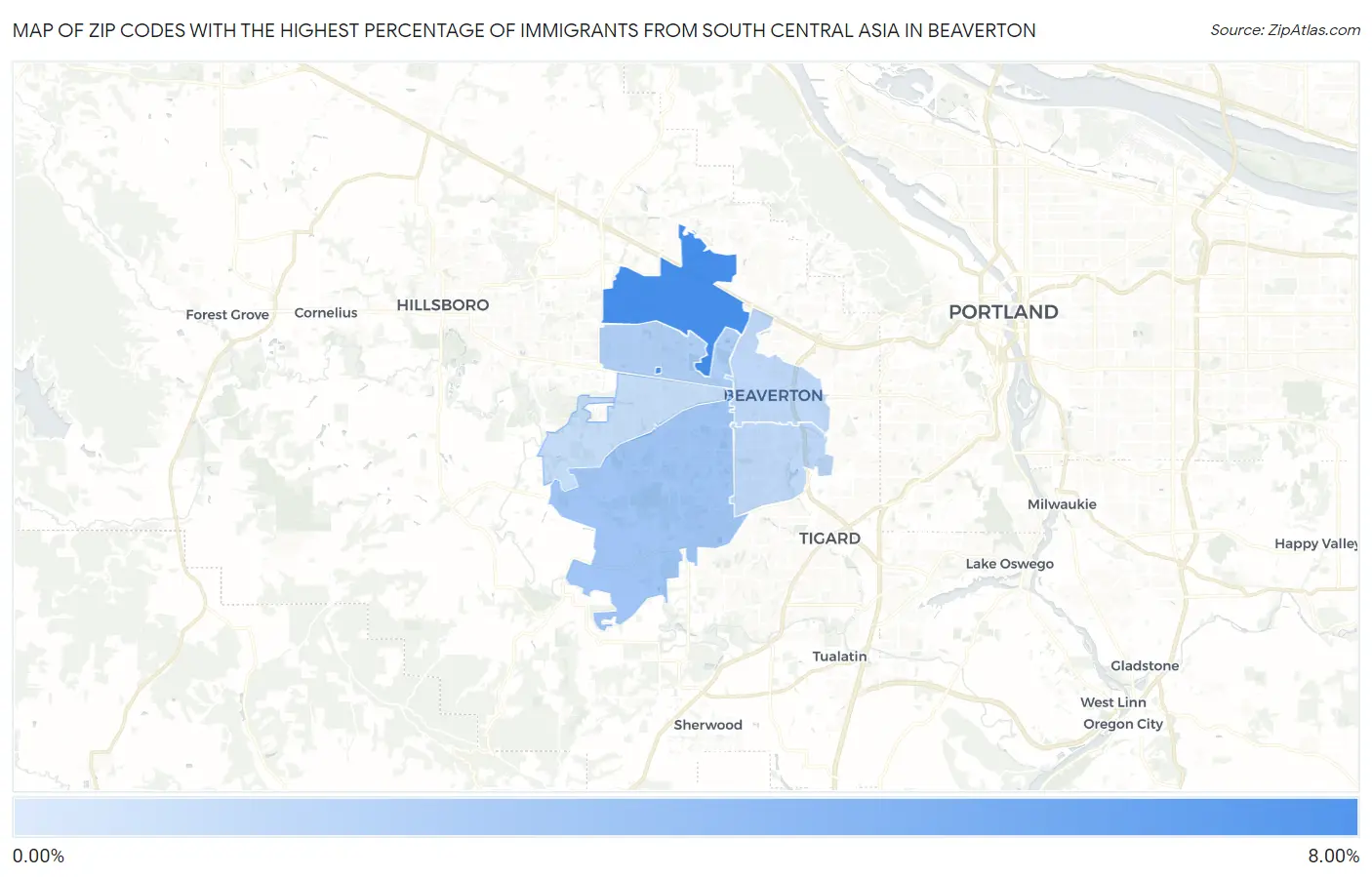Zip Codes with the Highest Percentage of Immigrants from South Central Asia in Beaverton Map