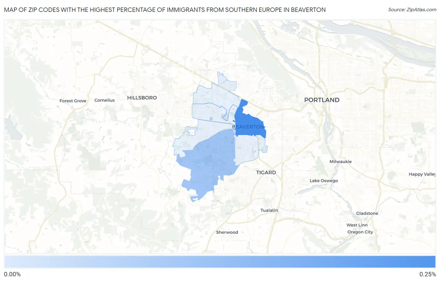 Zip Codes with the Highest Percentage of Immigrants from Southern Europe in Beaverton Map