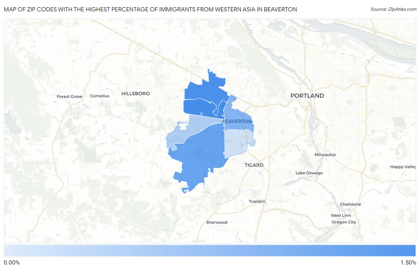 Zip Codes with the Highest Percentage of Immigrants from Western Asia in Beaverton Map