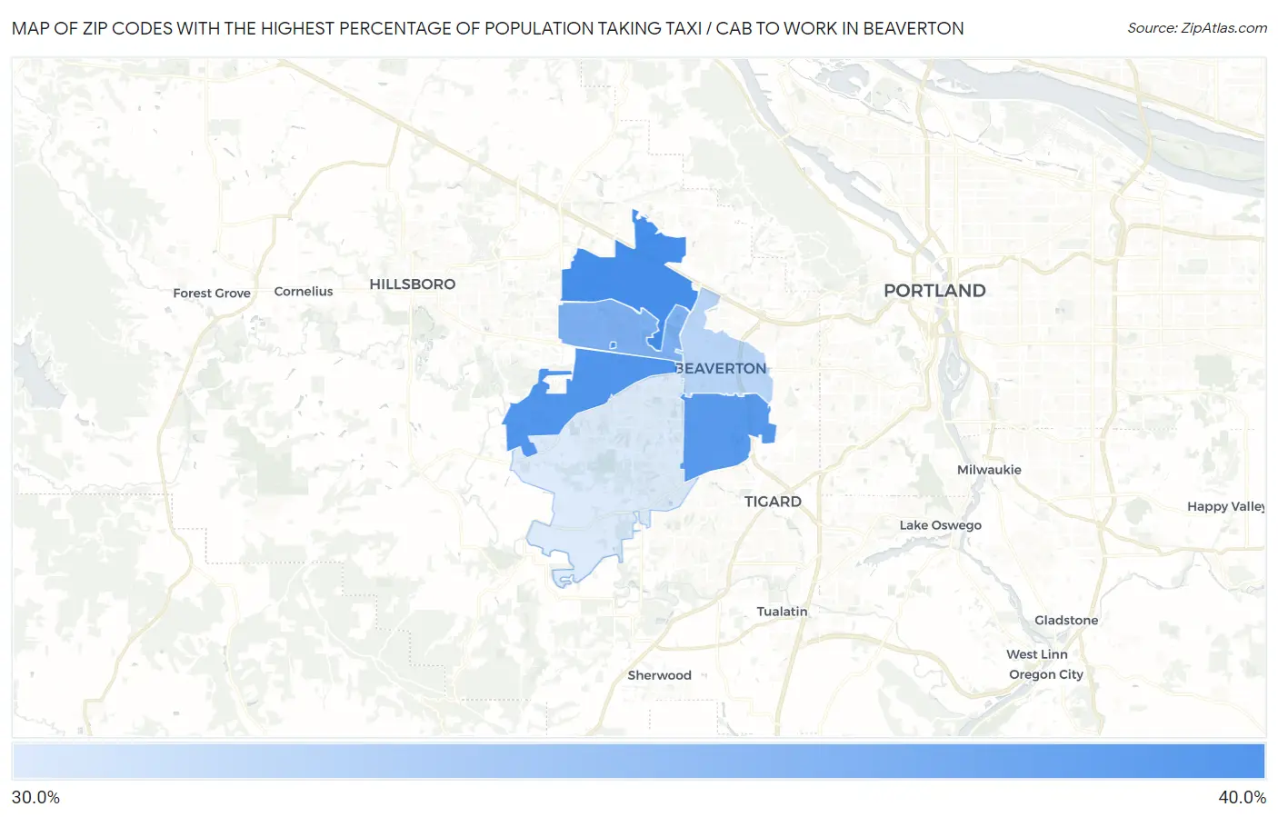Zip Codes with the Highest Percentage of Population Taking Taxi / Cab to Work in Beaverton Map