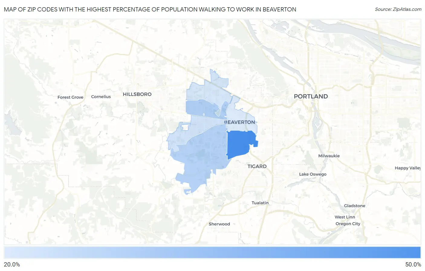 Zip Codes with the Highest Percentage of Population Walking to Work in Beaverton Map