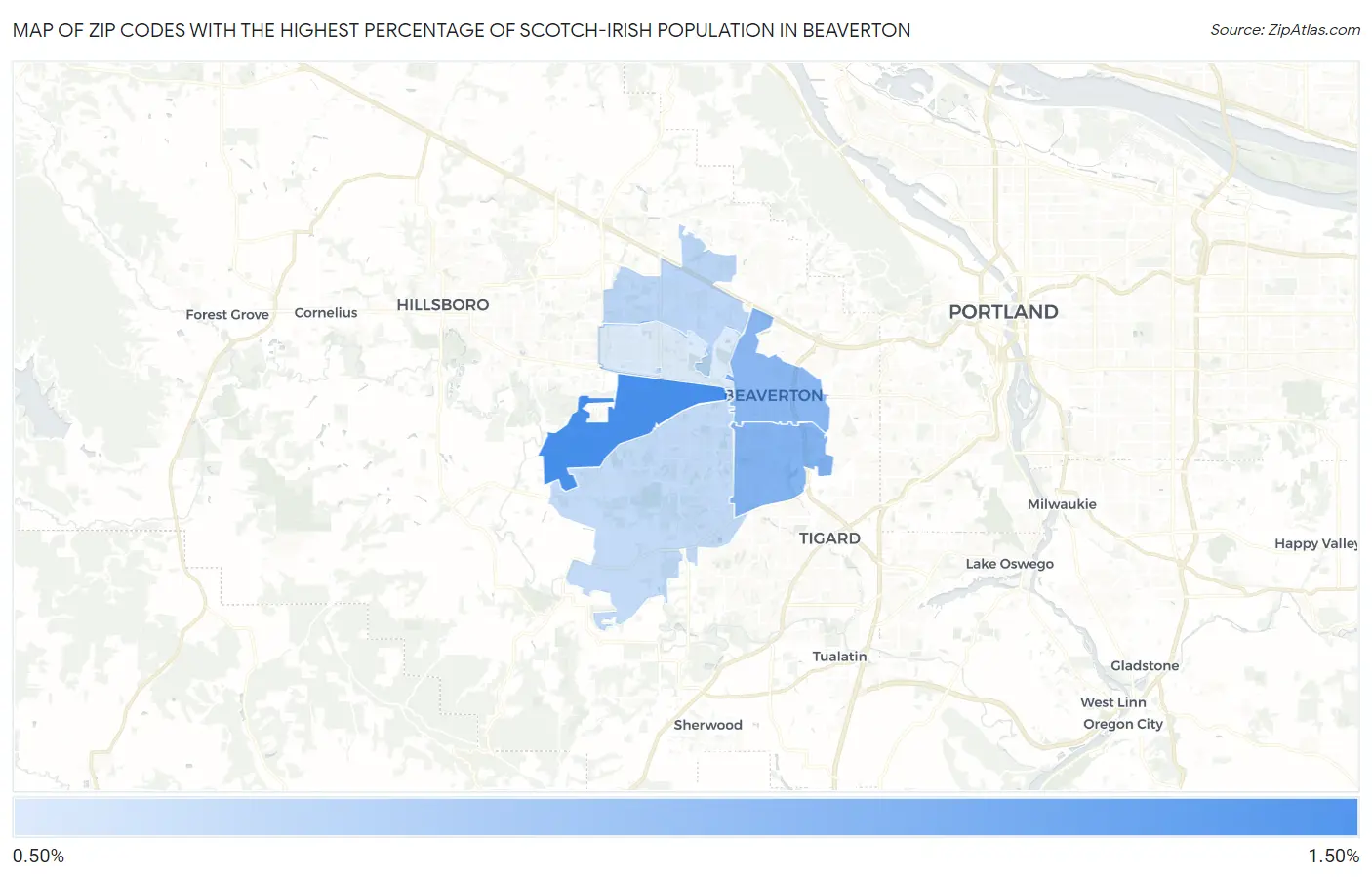 Zip Codes with the Highest Percentage of Scotch-Irish Population in Beaverton Map