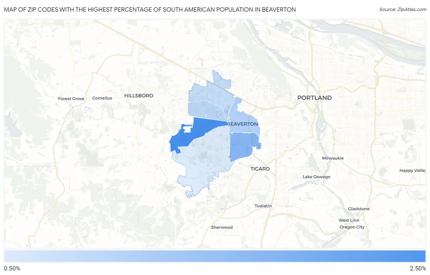 Zip Codes with the Highest Percentage of South American Population in Beaverton Map