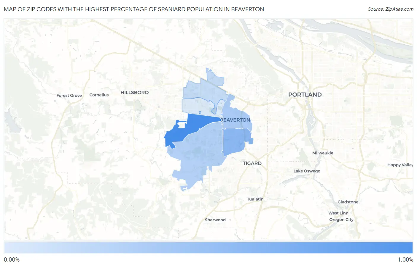Zip Codes with the Highest Percentage of Spaniard Population in Beaverton Map