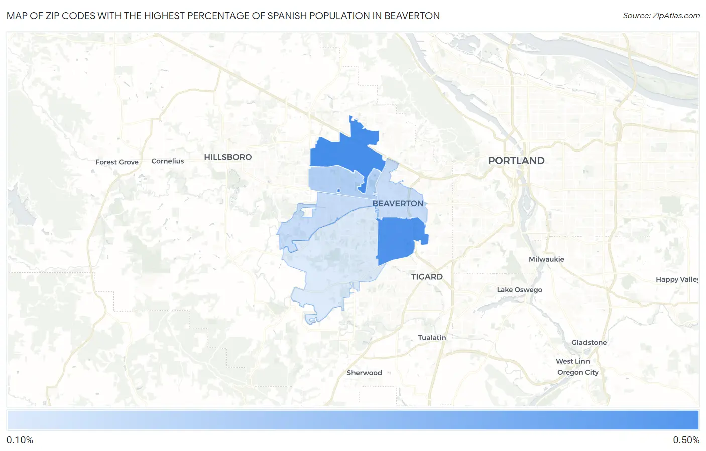 Zip Codes with the Highest Percentage of Spanish Population in Beaverton Map