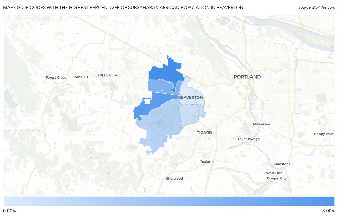 Zip Codes with the Highest Percentage of Subsaharan African Population in Beaverton Map