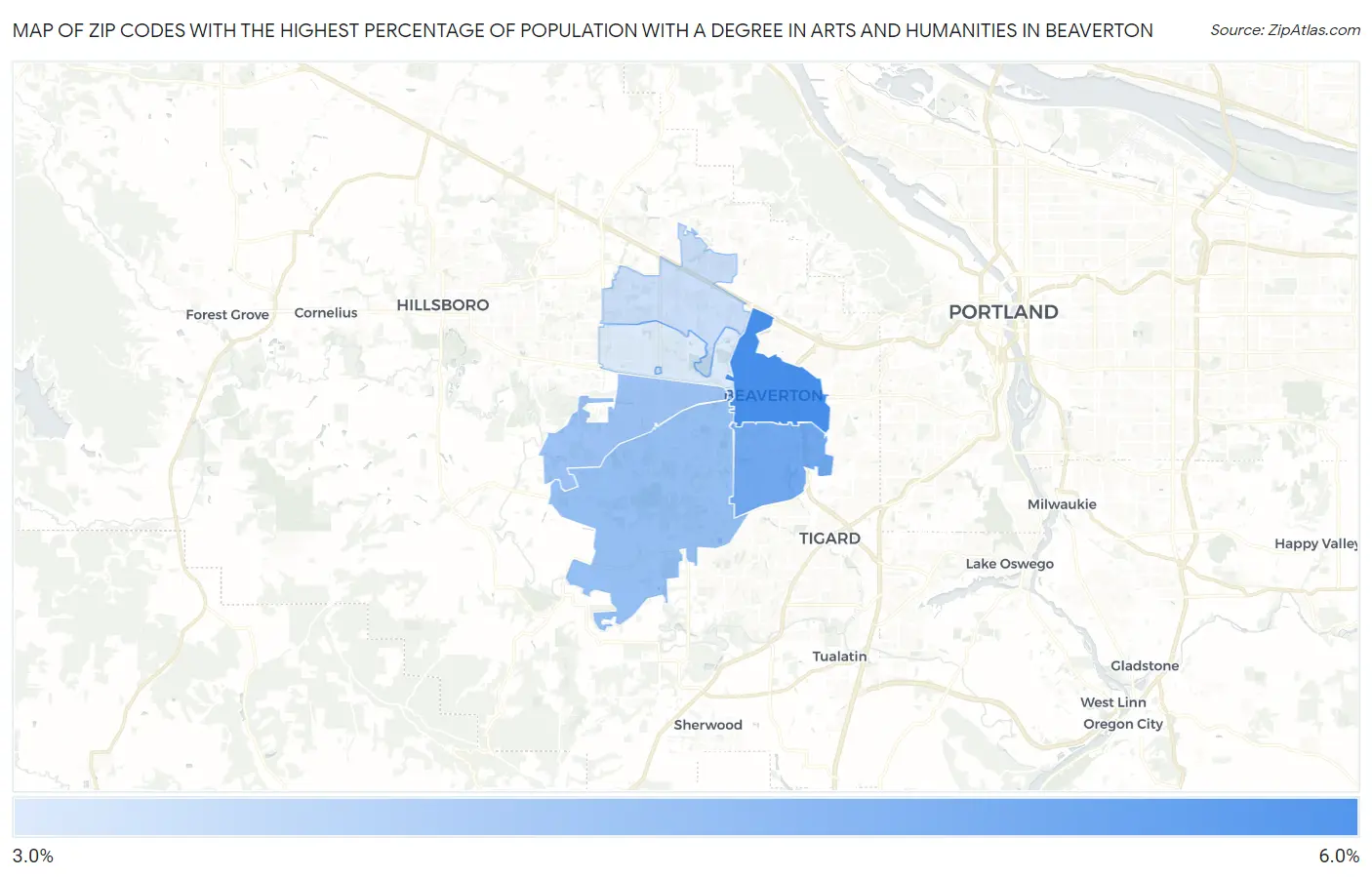 Zip Codes with the Highest Percentage of Population with a Degree in Arts and Humanities in Beaverton Map