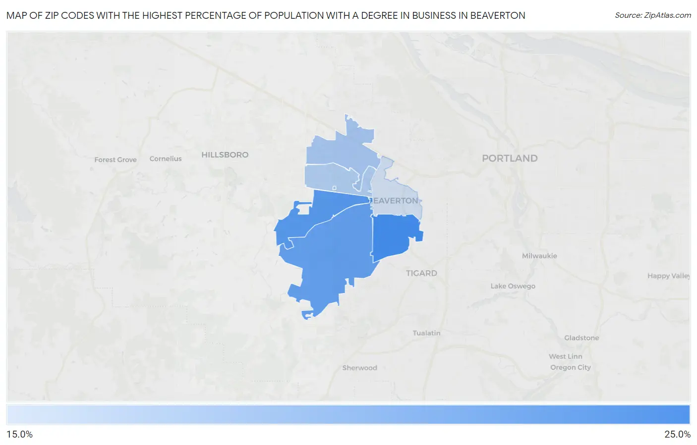Zip Codes with the Highest Percentage of Population with a Degree in Business in Beaverton Map