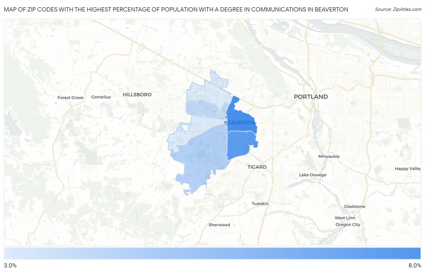 Zip Codes with the Highest Percentage of Population with a Degree in Communications in Beaverton Map