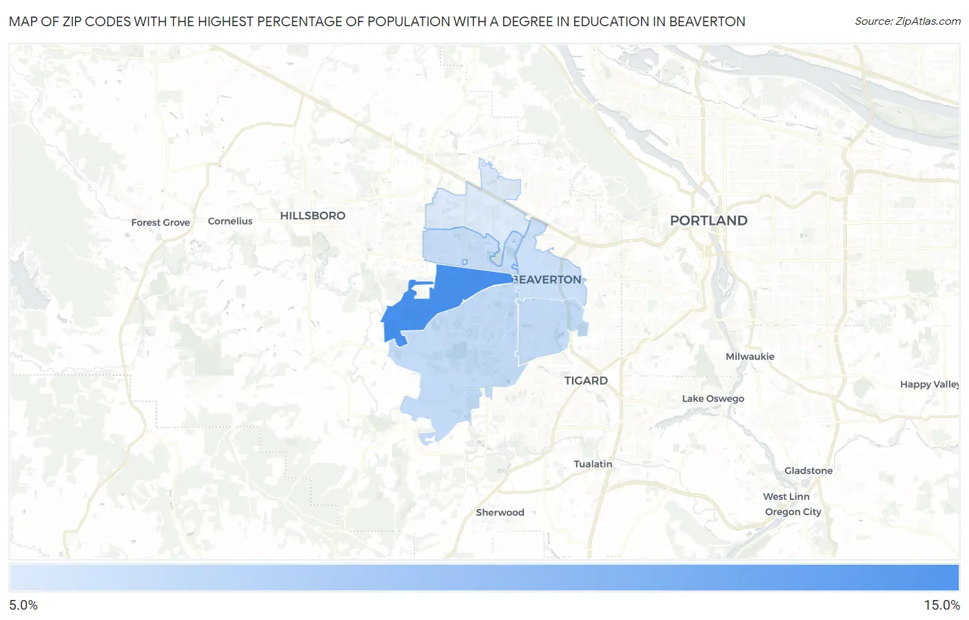 Zip Codes with the Highest Percentage of Population with a Degree in Education in Beaverton Map