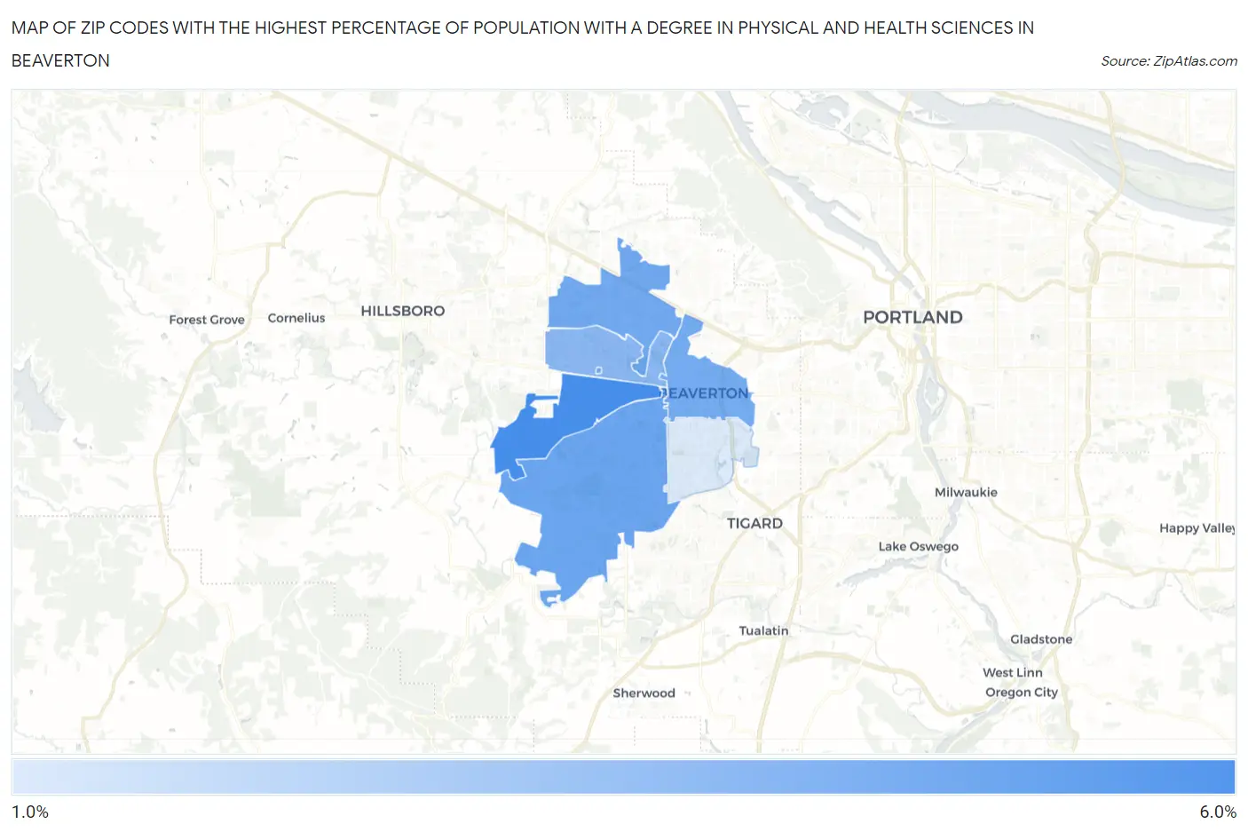 Zip Codes with the Highest Percentage of Population with a Degree in Physical and Health Sciences in Beaverton Map
