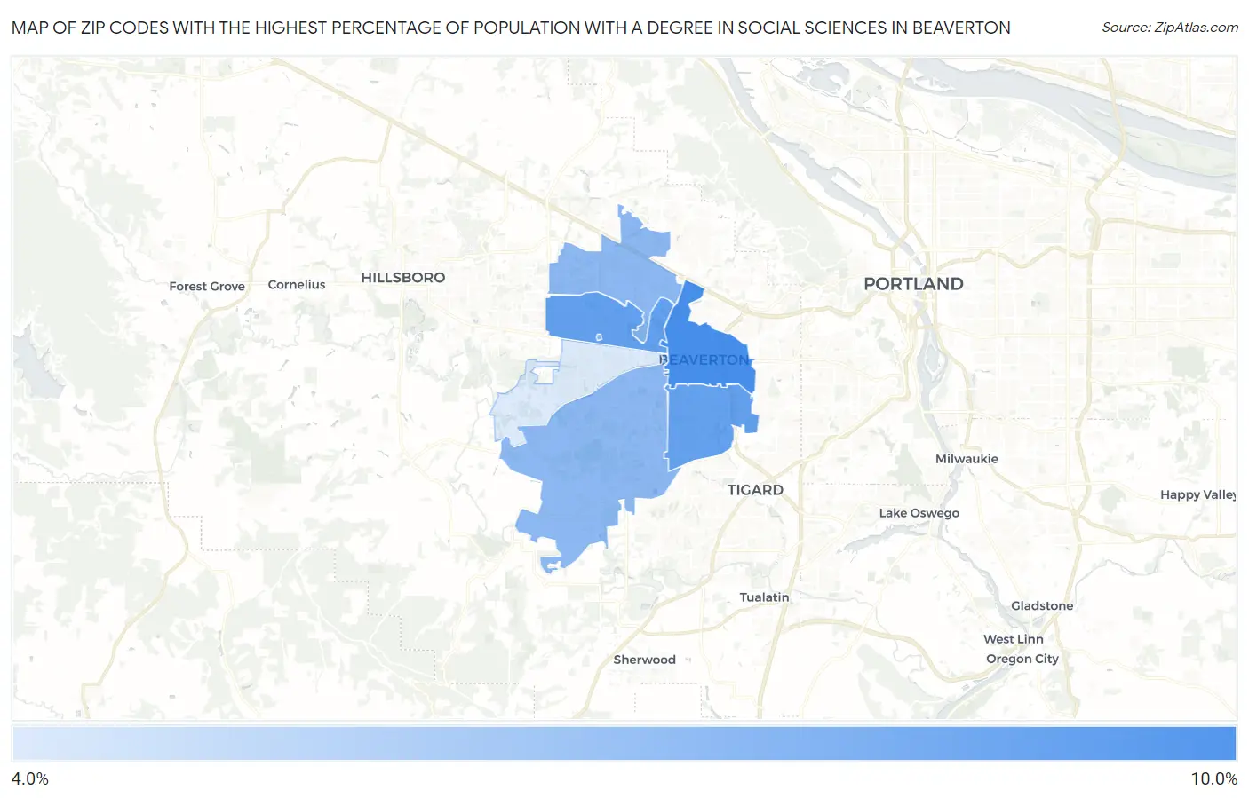 Zip Codes with the Highest Percentage of Population with a Degree in Social Sciences in Beaverton Map