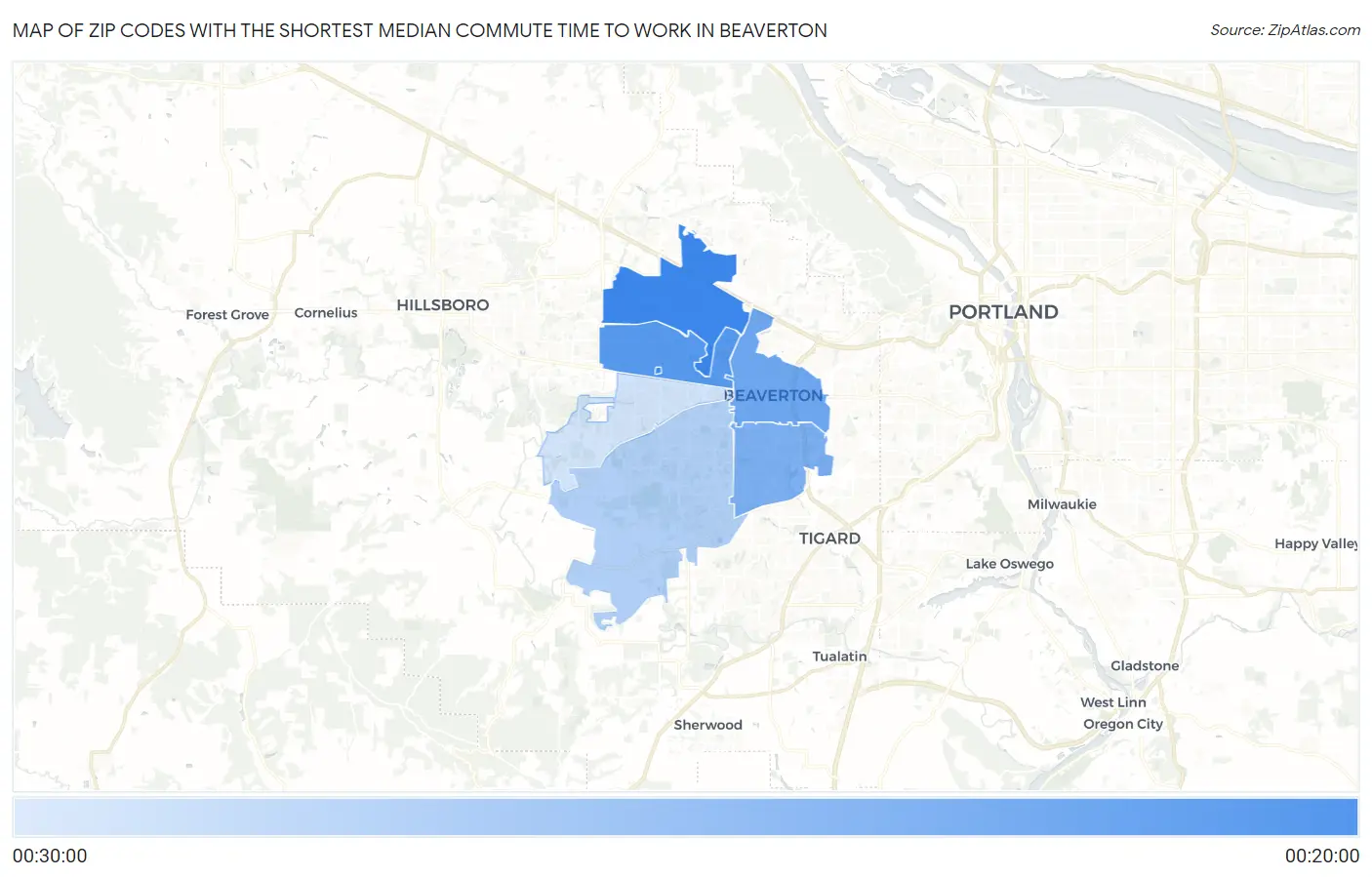 Zip Codes with the Shortest Median Commute Time to Work in Beaverton Map