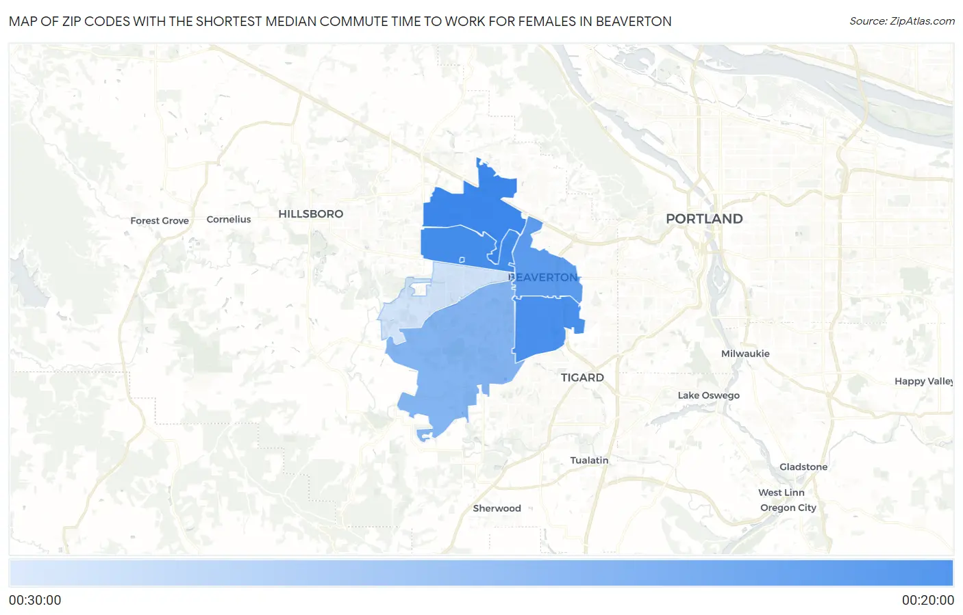 Zip Codes with the Shortest Median Commute Time to Work for Females in Beaverton Map
