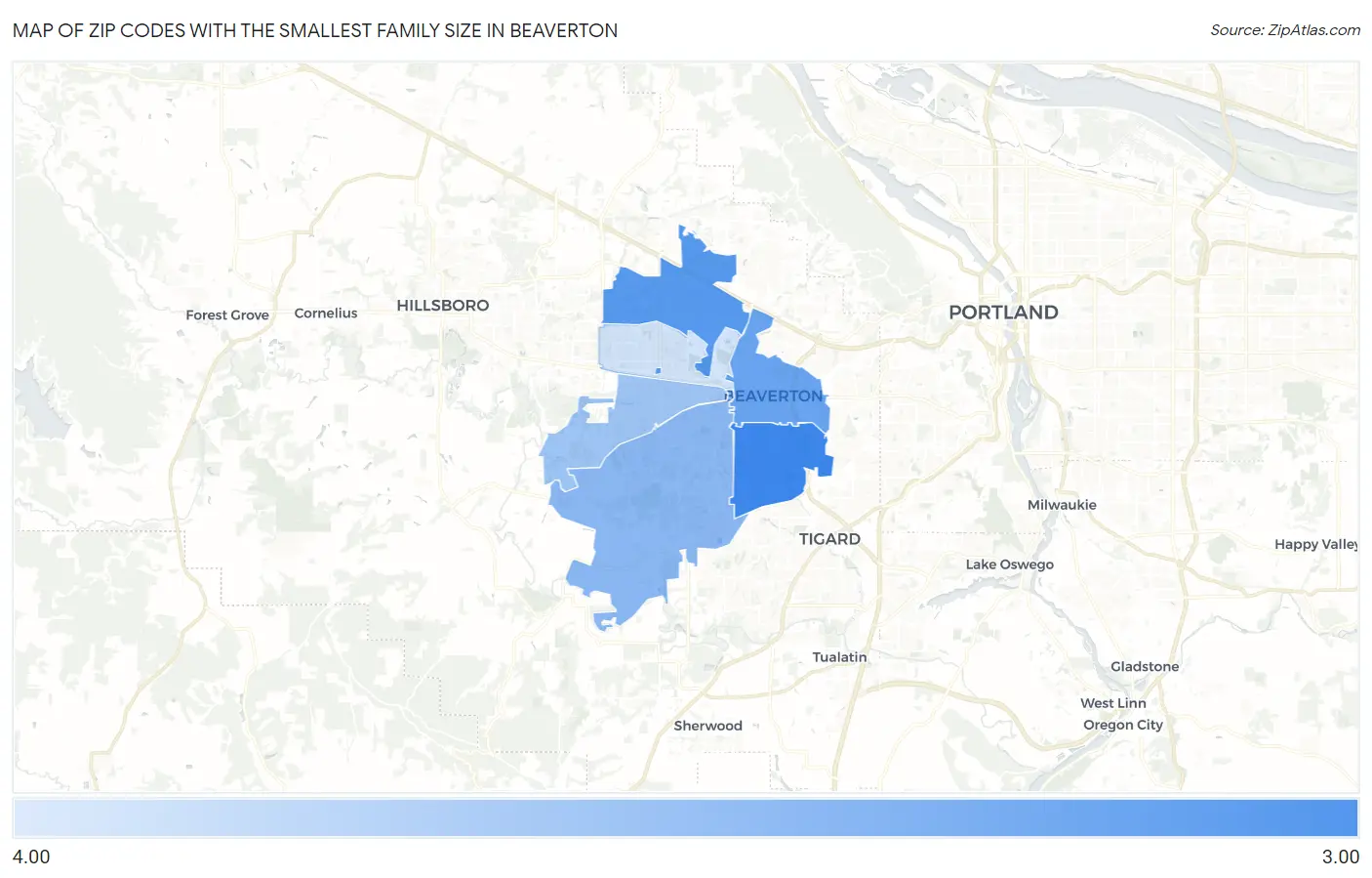 Zip Codes with the Smallest Family Size in Beaverton Map
