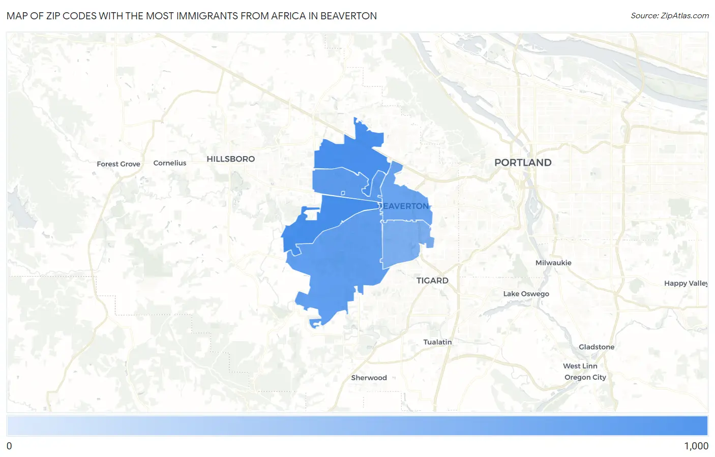 Zip Codes with the Most Immigrants from Africa in Beaverton Map