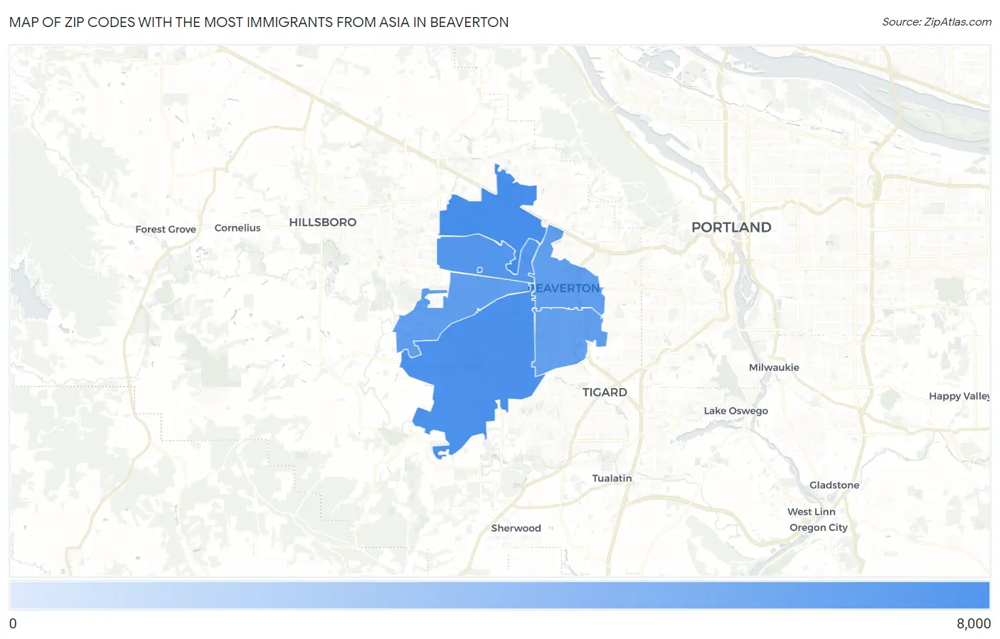 Zip Codes with the Most Immigrants from Asia in Beaverton Map