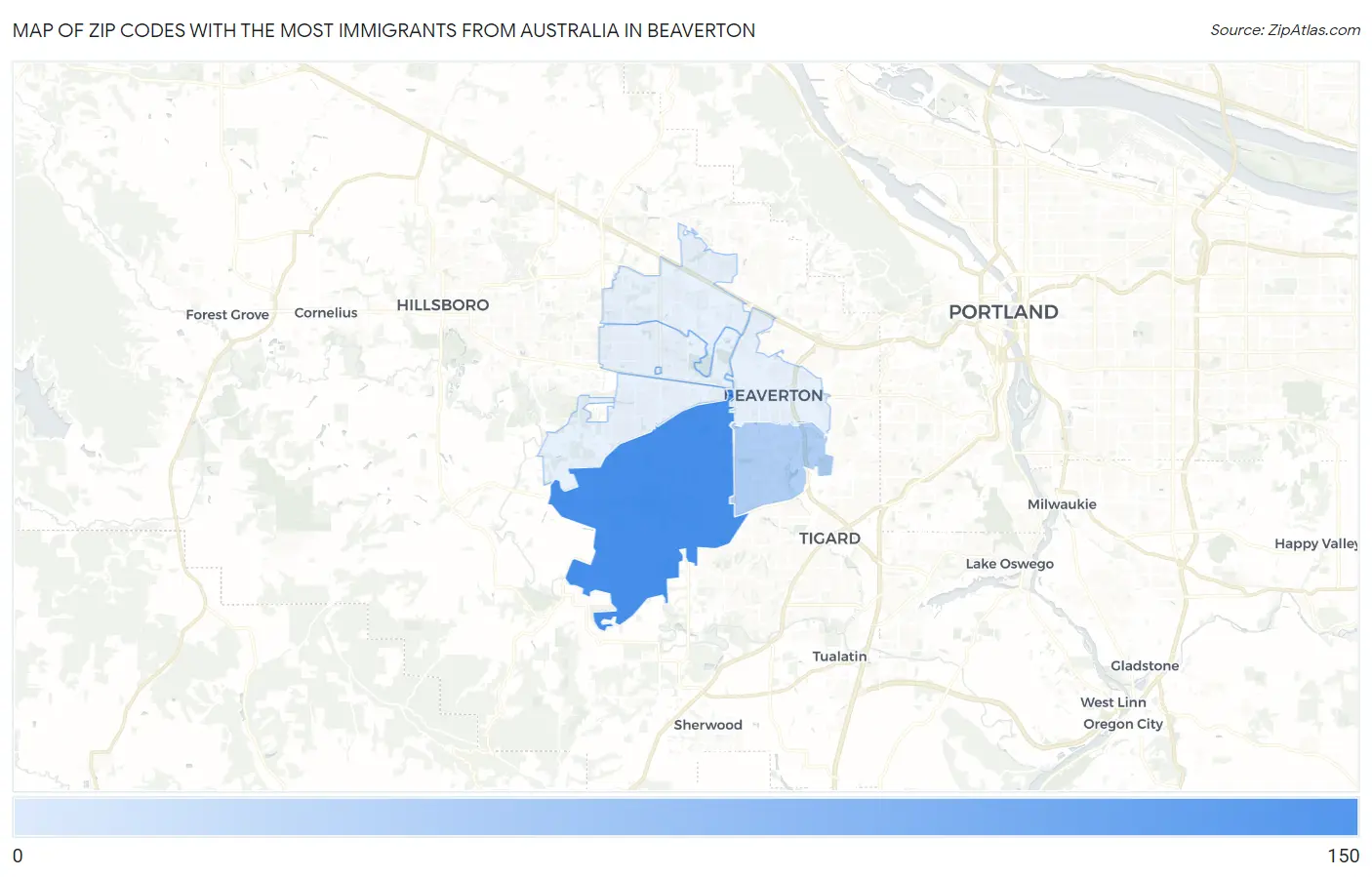 Zip Codes with the Most Immigrants from Australia in Beaverton Map