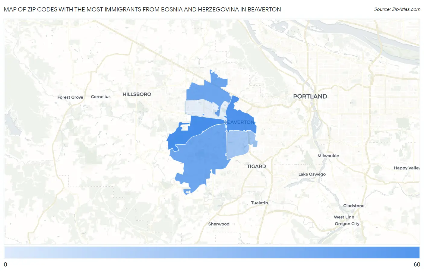 Zip Codes with the Most Immigrants from Bosnia and Herzegovina in Beaverton Map