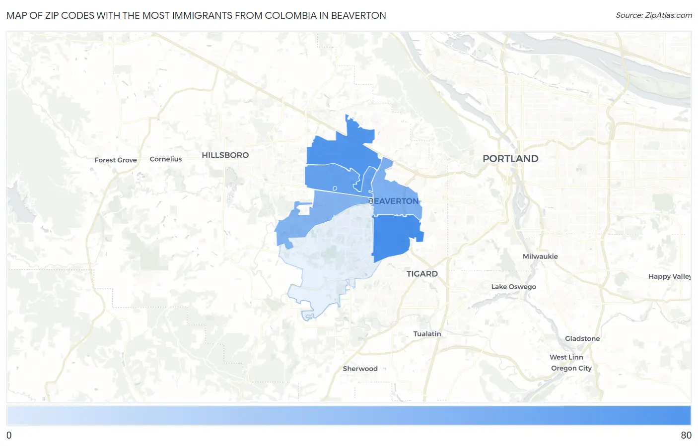Zip Codes with the Most Immigrants from Colombia in Beaverton Map