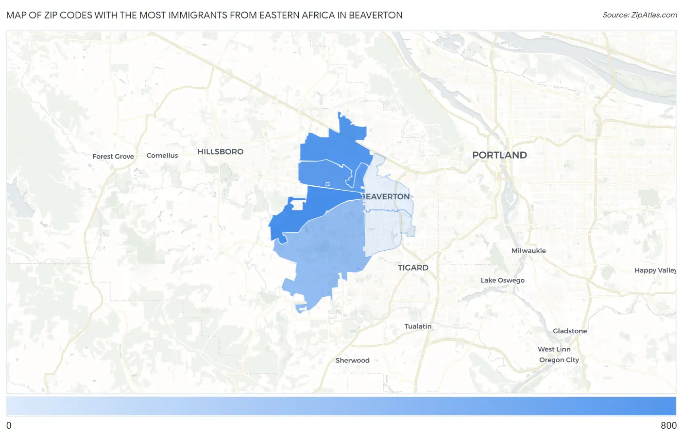 Zip Codes with the Most Immigrants from Eastern Africa in Beaverton Map