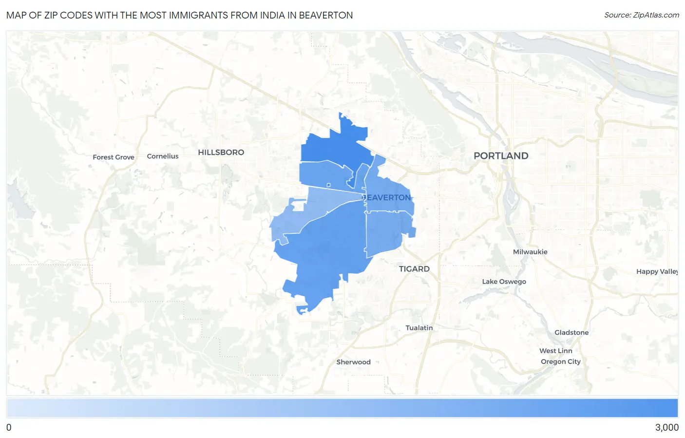 Zip Codes with the Most Immigrants from India in Beaverton Map