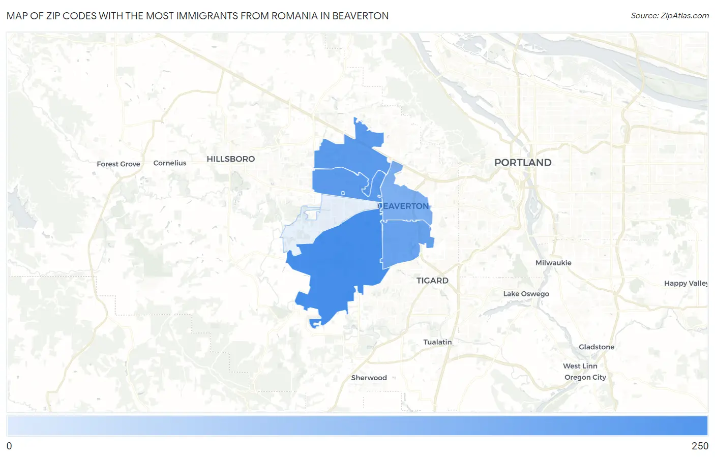 Zip Codes with the Most Immigrants from Romania in Beaverton Map